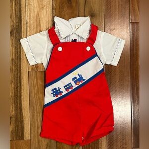 Vintage Train Embroidered Red Baby Romper